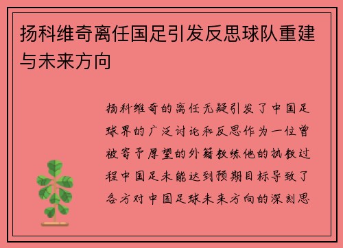 扬科维奇离任国足引发反思球队重建与未来方向